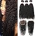 Pizazz Brazilian Curly Hair with Closure Unprocessed Brazilian Virgin Hair 3 Bundles with Closure Free Part 100% Human Hair Natural Black Color(14 16 18+12)