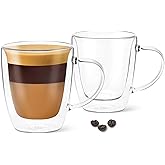 DLux Lungo Coffee Cups 160ml, Double Wall, Clear Glass Set of 2 Glasses 5.4oz with Handles, Insulated Borosilicate Glassware 