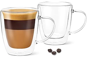 DLux Lungo Coffee Cups 160ml, Double Wall, Clear Glass Set of 2 Glasses 5.4oz with Handles, Insulated Borosilicate Glassware 