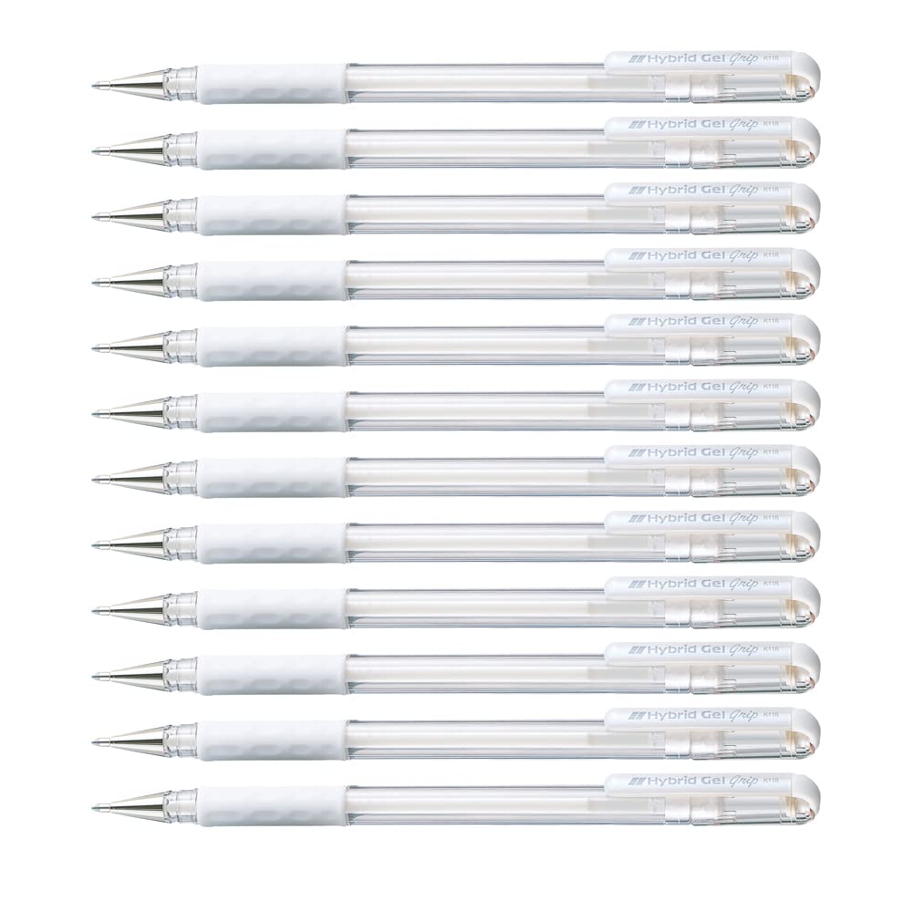 Pentel 0.8 mm Tip Hybrid Pastel Ink Gel Grip Pen - White (Pack of 12 Pens), K118-LWE