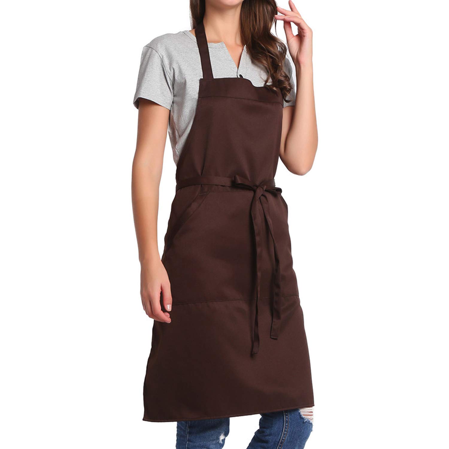 BIGHAS Adjustable Bib Apron with Long Ties for Women Men 18 Colors Chef Kitchen Cooking (Brown)