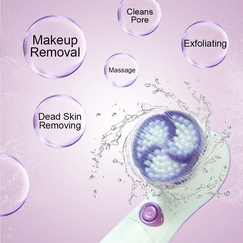 Cozy Sunday Facial Cleansing Brush, Waterproof Face Spin Brush Set with 5 Brush Heads, Facial Cleanser Brush for Skin Care, Deep Cleansing, Gentle Exfoliating, Removing Blackhead, Massaging