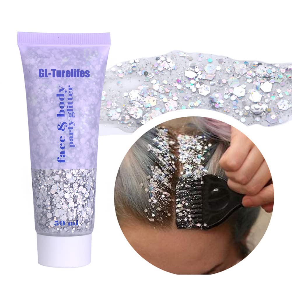 GL-Turelifes Chunky Glitter Gel Festival Glitter Cosmetic Face Hair Nails Makeup Mermaid Sequins Liquid Eyeshadow Long Lasting Sparkling 50ml Easy to Apply& Remove (#05 Silver) - 55g — image 1