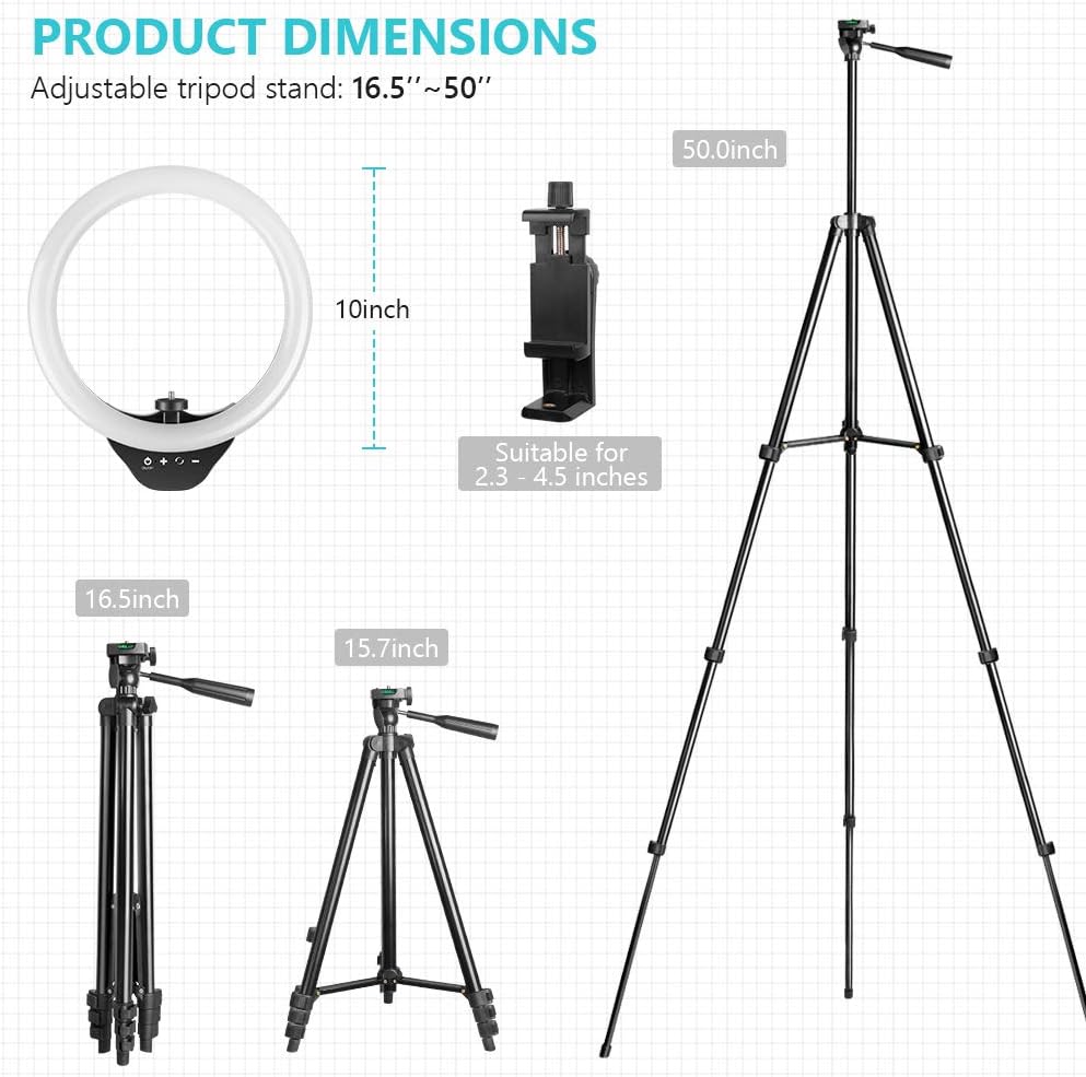 10'' Ring Light with 50'' Extendable Tripod Stand, Sensyne LED Circle Lights with Phone Holder for Live Stream/Makeup/YouTube Video/TikTok, Compatible with iPhone/Android : Camera & Photo