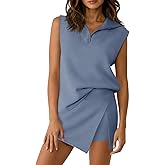 Fisoew Womens 2 Piece Skirt Sets Summer Sleeveless Half Zip Sweatshirt Athletic Skorts Tennis Outfits Casual Sweatsuits