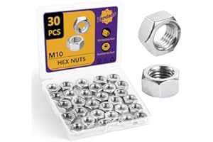 ZERDANS M10 Hex Nuts, 30Pcs Metric 304 Stainless Steel Metal M10-1.5mm Hexagonal Nuts Hardware Set for Bolt for Furniture, Automotive, Industry and Construction, Full Thread