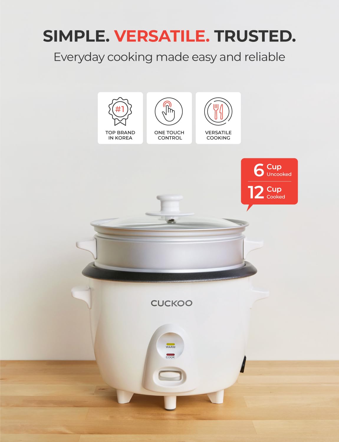 CUCKOO One Touch Rice Cooker 12-Cup Cooked, Small Rice Cooker & Warmer with Steamer Tray, Versatile Grain Cooker, Soup Maker, Auto Keep Warm, 6-Cup Uncooked, White (CR-0601C)