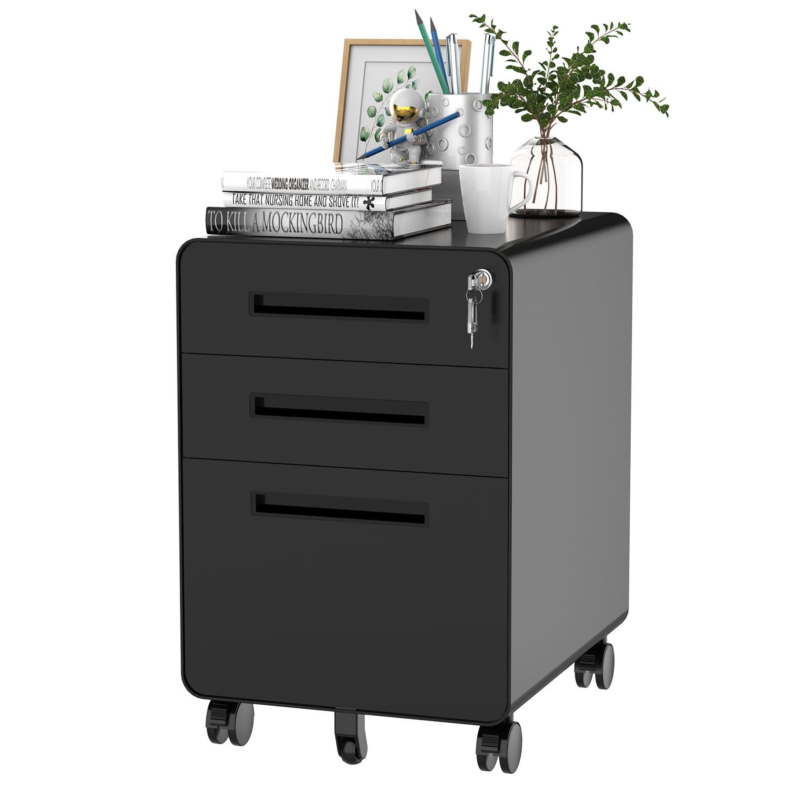 FLEXISPOT 3 Drawer Mobile File Cabinet for Home Office Metal Filing Cabinet Under Desk Storage with Lock Keys, Round Corner Design,Black