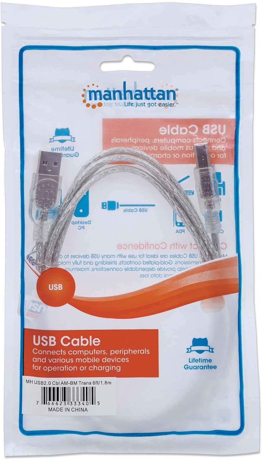 Manhattan USB-A to USB-B Cable, 1.8m, Male to Male, Translucent Silver, 480 Mbps (USB 2.0), Hi-Speed USB, Lifetime Warranty, Polybag - Image 5
