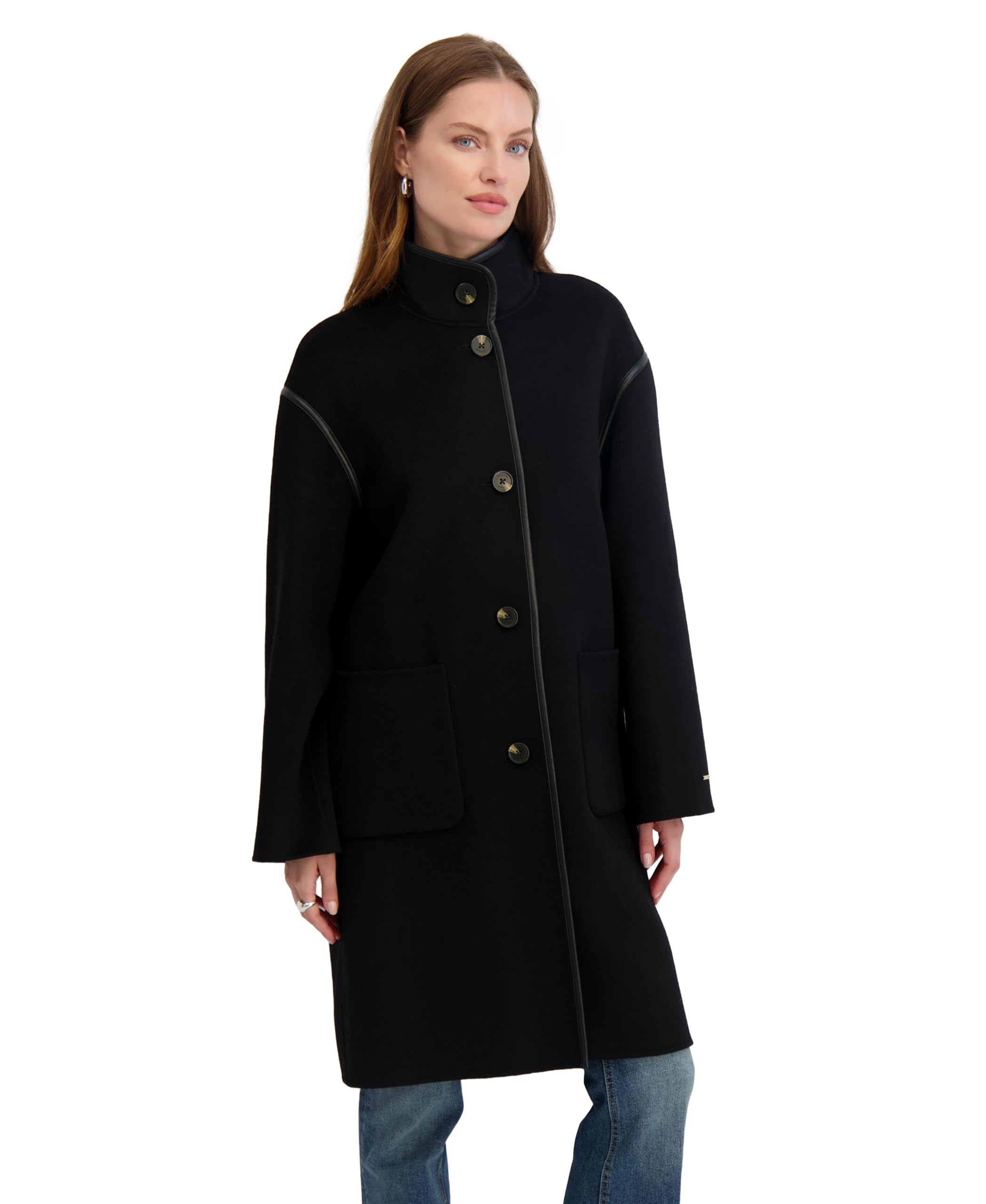 Photo 1 of *USED*TAHARI Women's Single Breasted Soft Wool Topper Coat, PU Trim, Button Closure, Partially Lined Long Coat, Black, Small