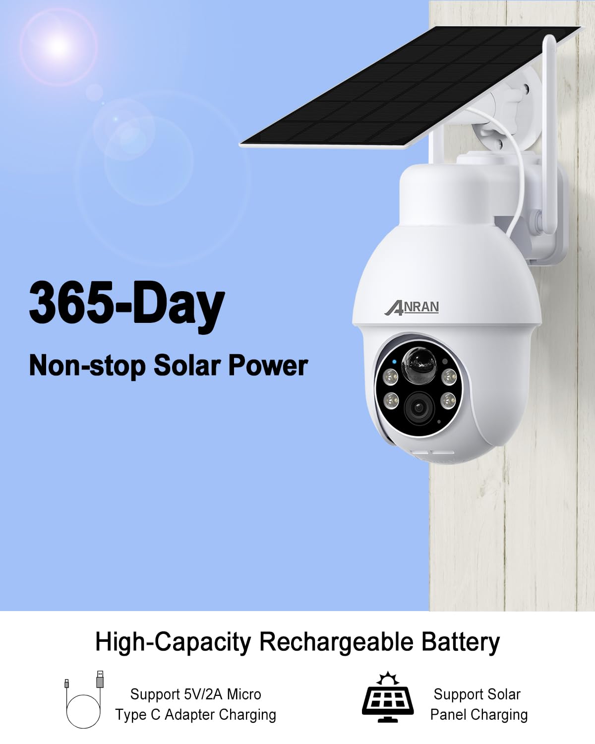 Telecamera Wi-Fi Esterna ANRAN Q3 Telecamera Di Sorveglianza Solare ANRAN Q3 WiFi - Esterna, Visione Notturna A Colori, Rilevamento Persone/auto, PTZ Telecamera Con Pannello Solare - Foto 4