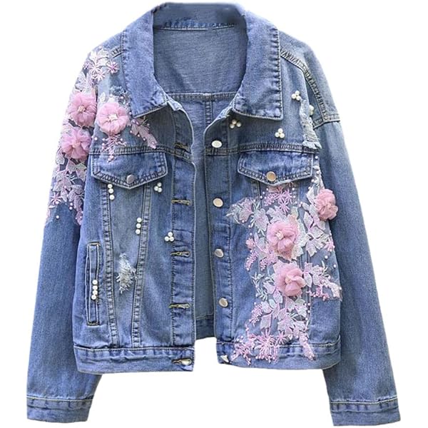 ジャケット・アウター EMBROIDERY FLOWER DENIM JACKET Amazon.com: Women Embroidery Flower Short Hole Denim Jacket Loose