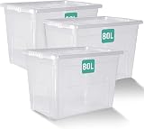 Klass Home Collection 3 x 80 Litre Large Plastic Storage Boxes With Lids Set of