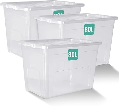 Klass Home Collection 3 x 80 Litre Large Plastic Storage Boxes With Lids Set of