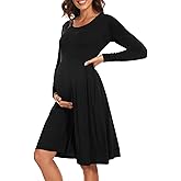 WOOXIO Women's Long Sleeve Maternity Dress with Pockets Patchwork Pregnancy Clothes