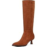 SUIARA Kitten Heel Knee High Boots Women-Pointed Toe Faux Leather Stiletto Side Zipper Long Tall Dress Boot