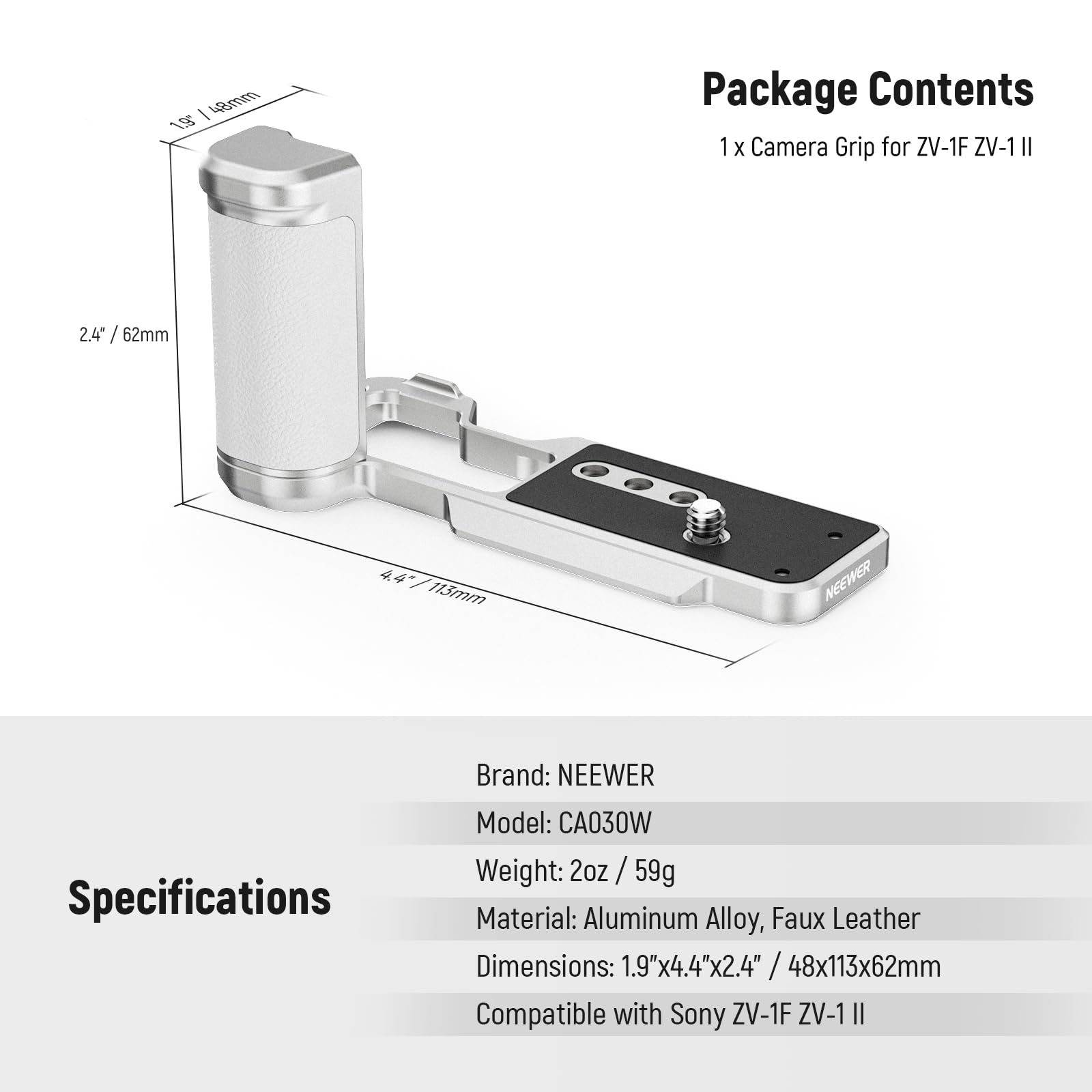NEEWER ZV-1F ZV-1 II L Plate Compatible with Sony, Metal L Bracket with White Leather Grip, 1/4