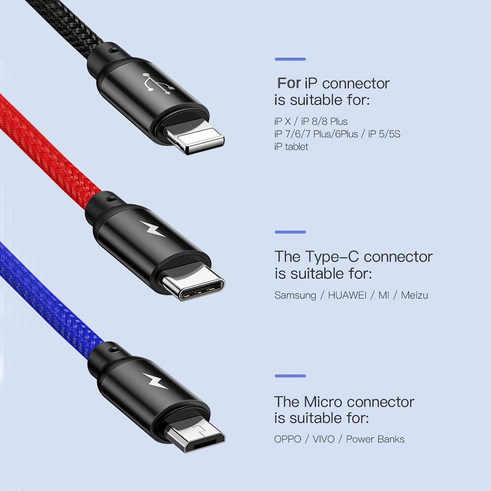 Quick Charging 3in1 USB Cable for Mobile Phone Micro USB Type C Charger Cable for iPhone Samsung 6 Charging Cable Micro Charger (1.2M)