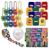 Superhero Party Favors; Enough for 12 Boys or Girls; 12 Superhero Wristbands; 12 Superhero Mini Notebooks; 12 Superhero Disc Shooters; Superhero Sticker Roll + Bonus 