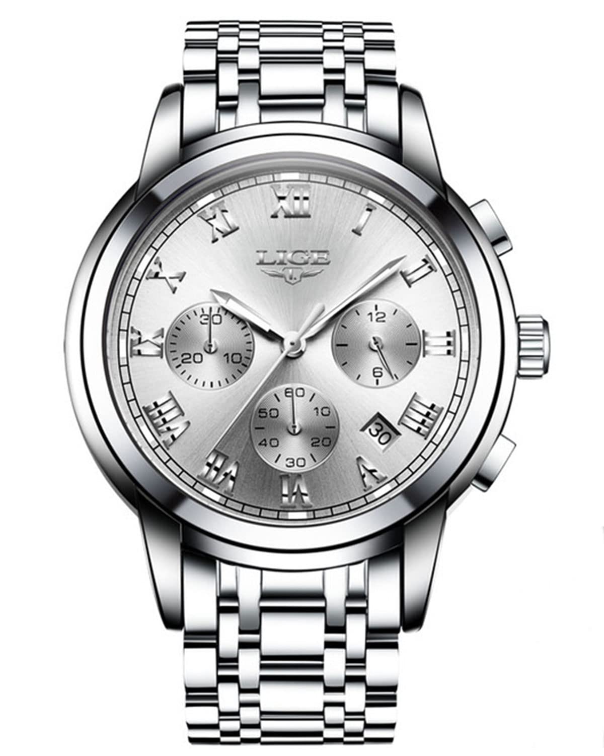 LIGE Mens Watches Chronograph Analogue Casual Quartz with Date Waterproof Silver Stainless Steel Classic Gent Male Wrist Watch