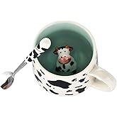 BUYNEED 12 oz Cute Cow Mug With 3D Cow Inside, Animal Figurine Tea Coffee Milk Ceramic Cup With Spoon, Holiday and Lover Gifts for Women, Kids, Black