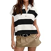 Tankaneo Womens Striped Polo Shirts Summer Short Sleeve Rugby Shirt Oversized Cotton Collared Casual Loose Cropped Tee Tops