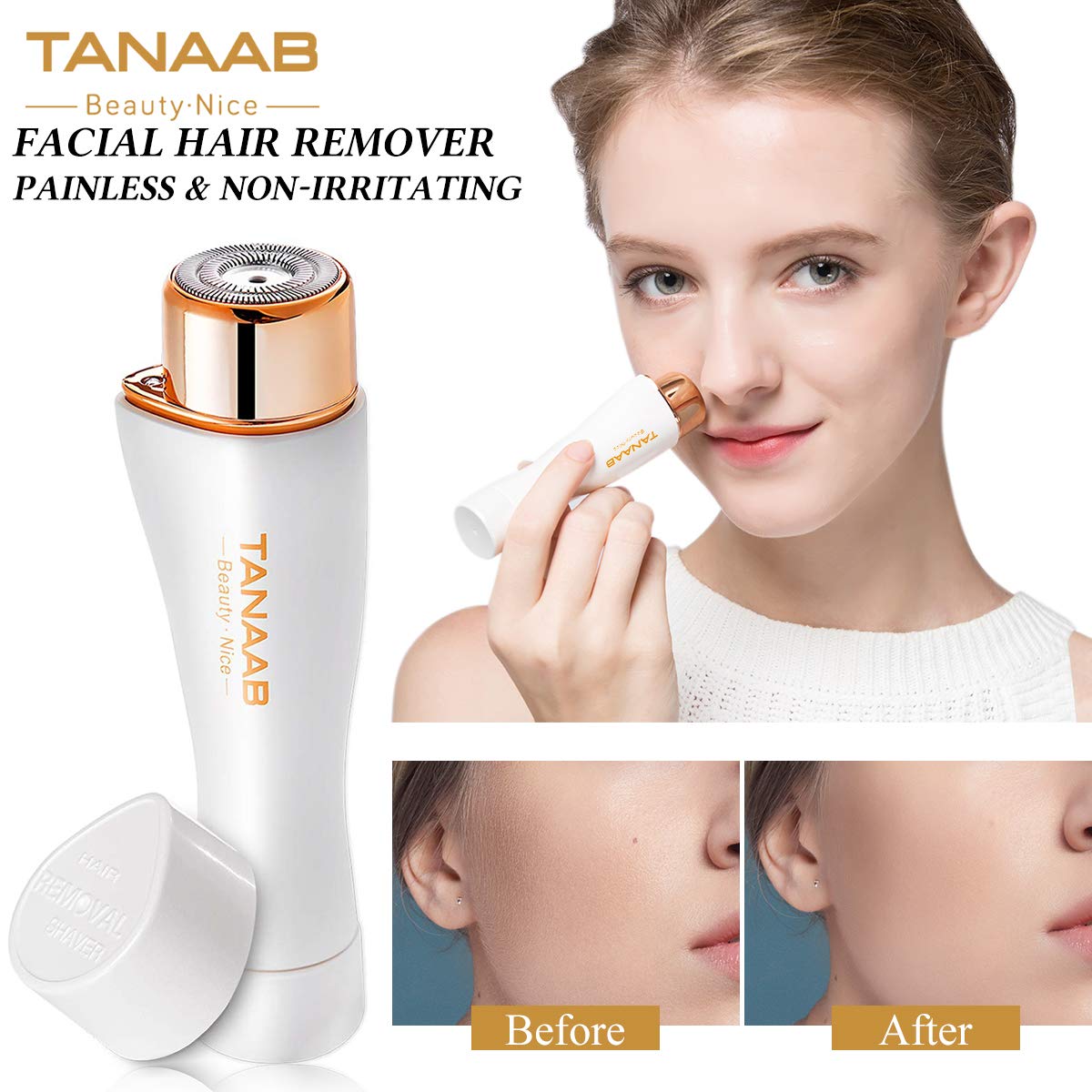 Facial Hair Removal for Women, TANAAB Painless Waterproof Smooth Facial Hair Remover Shaver Razor for Face Upper Lip Chin Cheeks Arm Built-in LED Light - White Gold