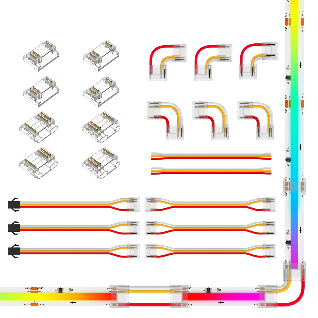 BTF-LIGHTING FCOB 3pin 12mm LED Strip Connector Kit - L-Shaped Dual-End With Wire, SM Female Plug, Gapless - 15cm 22AWG Cable
