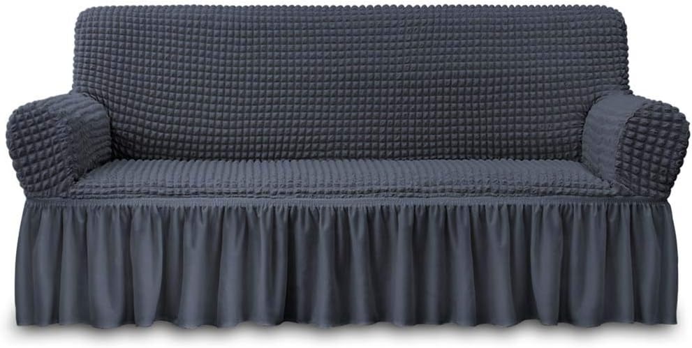 Slipcovers - NICEEC Sofa Slipcovers Dark Grey Sofa Cover 1 Piece Easy Fitted Sofa Couch Cover Universal High Stretch Durable Furniture Protector with Skirt Country Style (3 Seater Dark Gray)