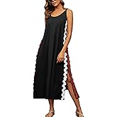 chouyatou Women's Summer Casual RIC Rac Spaghetti Strap Long Dress Boho Split Sleeveless Beach Sundress
