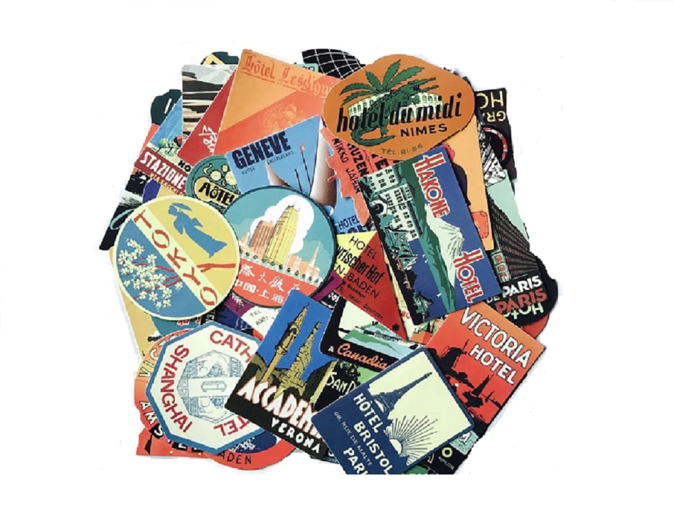 CMJ™ 20 x Luggage Suitcase Retro Vinyl Stickers Vintage Hotel Names World Travel UK Seller