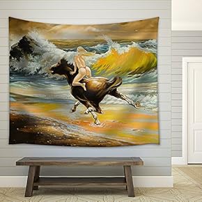 The Girl Skipping on a Horse on Seacoast - Fabric Wall Tapestry Home Decor - 51x60 inches