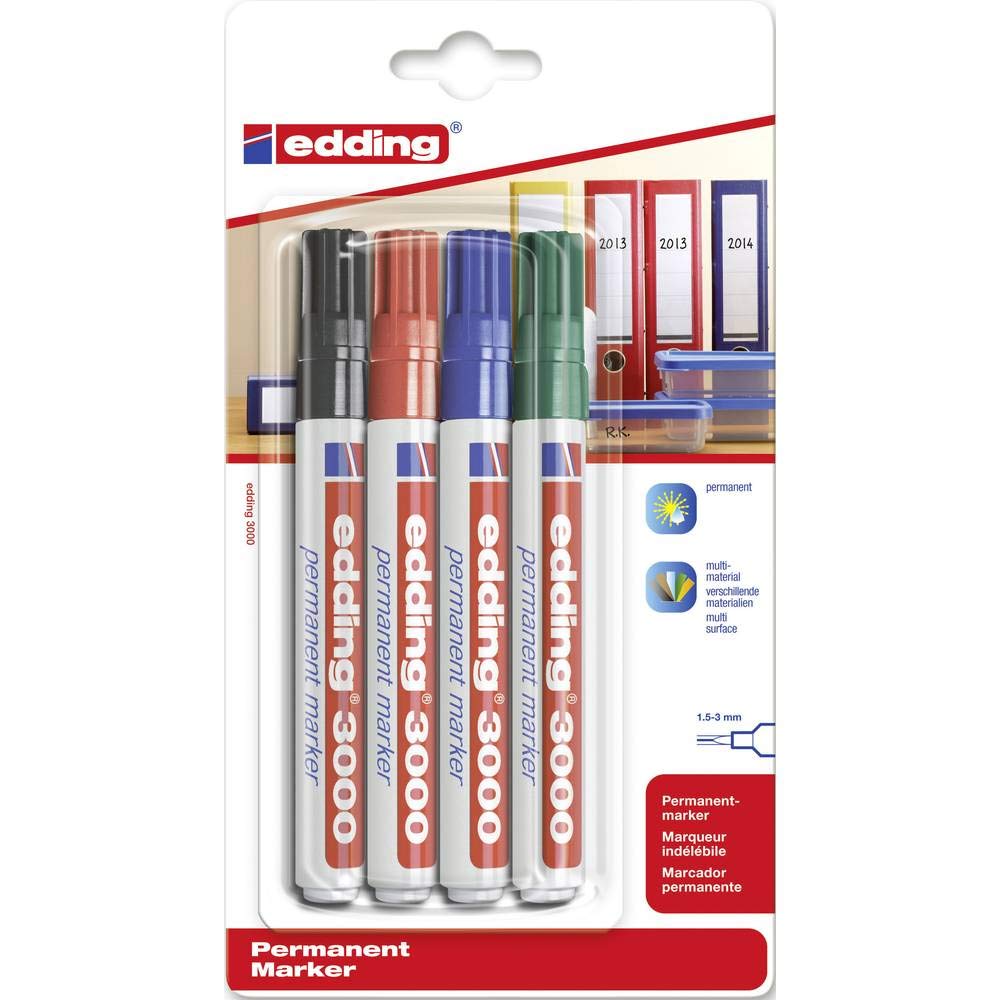 edding 3000 permanent marker - black, red, blue, green - 4 marker pens - round nib 1.5-3 mm - quick-drying permanent markers - waterproof,smudge-proof - for cardboard, plastic, wood, metal, fabric