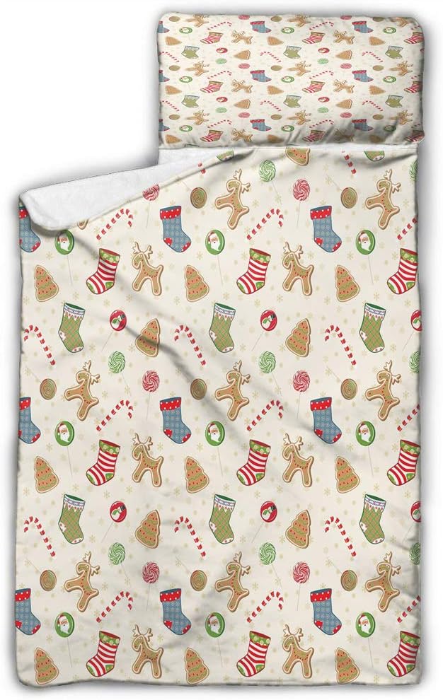 Christmas Kids Nap Mat Traditional Sweets of Xmas Party Gingerbread Cookies Lollipop Candies with Socks Multicolor Soft Microfiber for Preschool 50X20 INCH