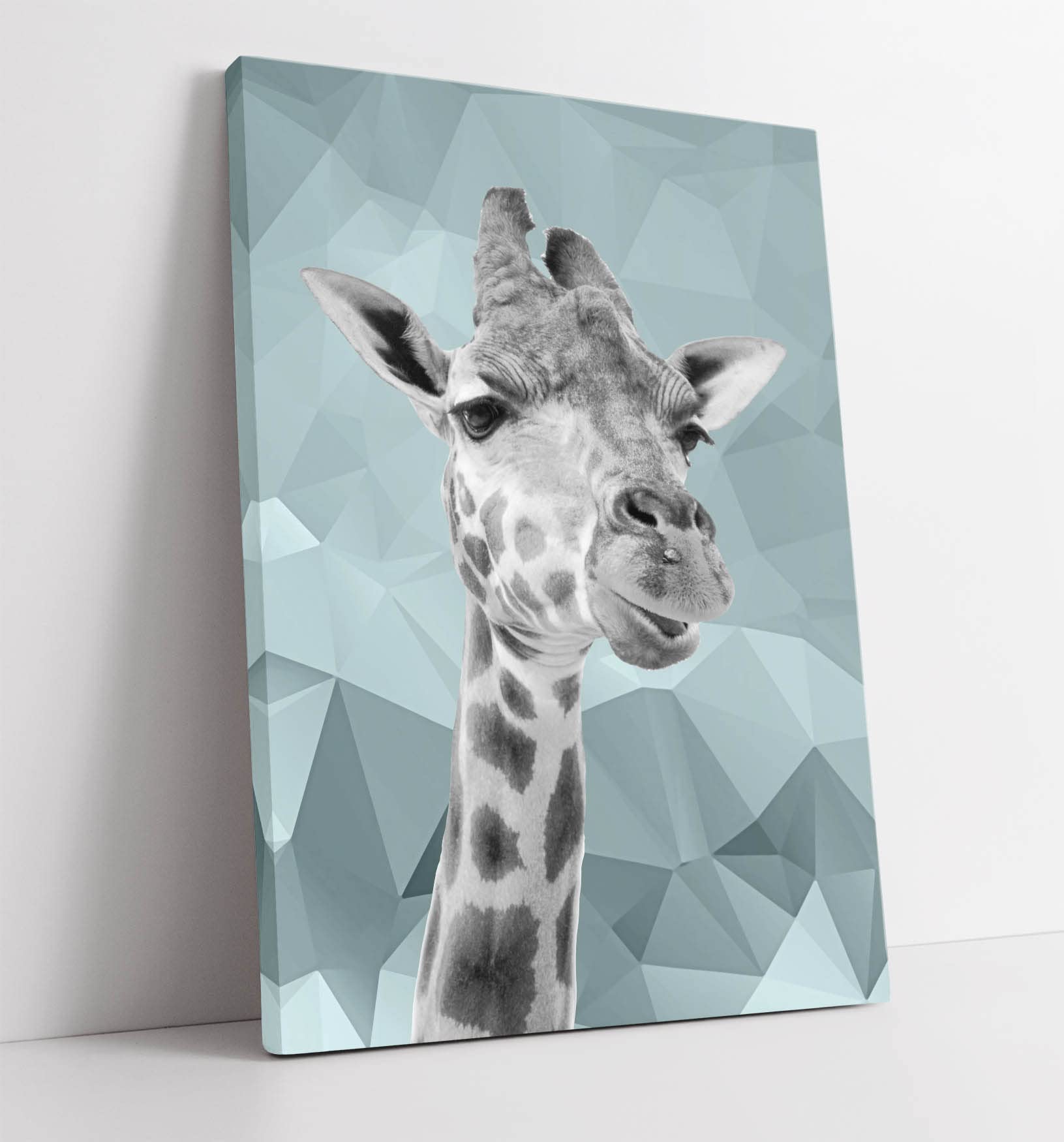 GIRAFFE DUCK EGG BLUE GREY GEOMETRIC BACKGROUND CANVAS WALL ART PRINT ARTWORK (24in x 16in / 60cm x 40cm)
