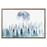 SIGNWIN Framed Canvas Print Wall Art Blue Forest Scenery Under Moonlight Geometric Line Illustrations Modern Art Mid-Century Colorful Warm for Living Room, Bedroom, Office - 16