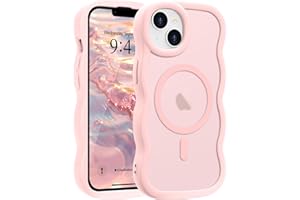 Pepmune for iPhone 14 Plus/iPhone 15 Plus Case, Curly Wave Frame Hard Translucent Clear Cover for Women Men Compatible with Magsafe TPU Bumper Shockproof Phone Case for iPhone 14 Plus/15 Plus, Pink