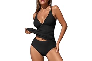 ZAFUL Womens Tankini Swimsuits V Neck Push Up Swim Top Color Block Tummy Control High Waisted Bathing Suits Swim Bottom