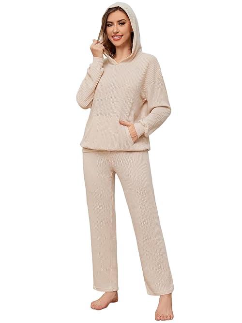 SotRong Women's 2 Piece Lounge Set Waffle Knit Hoodie and Pants Casual Long Sleeve Pullover Hooded Top with Pockets Straight Leg Sweatpants Tracksuit Soft Loungewear Homewear Pajamas Outfit Apricot M