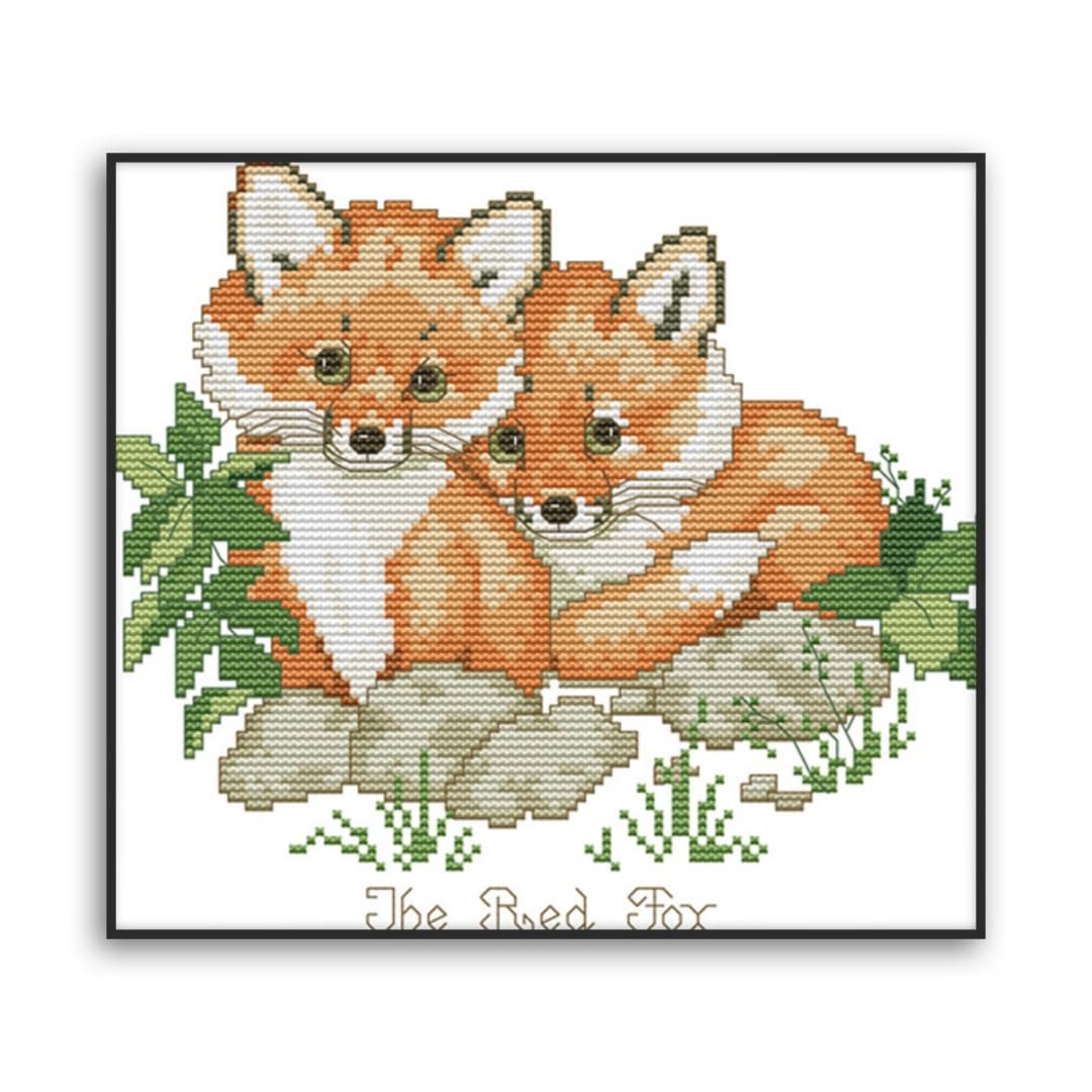 Gofission 14ct Stamped Cross Stitch Kits for Adults Beginners, Forest Cute Red Foxes Couple DIY Pre Printed Cross Stitch Embroidery Set with Accessories Wall Decor 33x42cm (Animals)