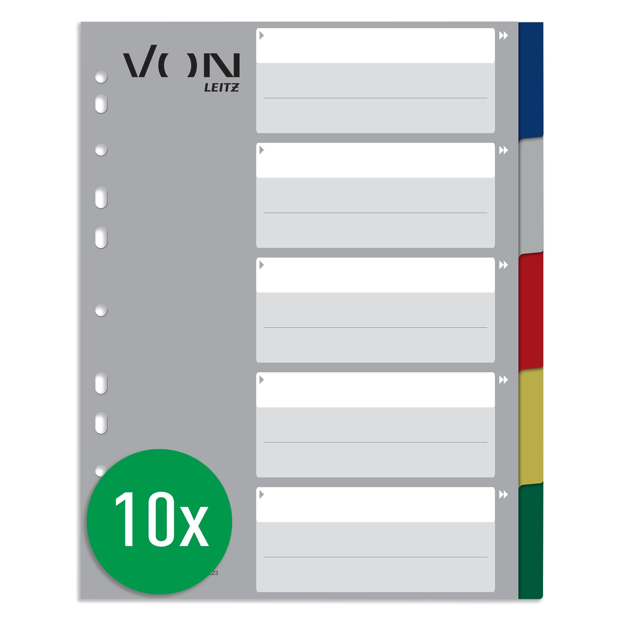 VON Pack of 10 5-Part Index A4 Blank Dividers for Folders, PP, by Leitz, Extra Wide, 11-Hole Universal Index for File Folders and Ring Binders, Multicoloured, 12230000