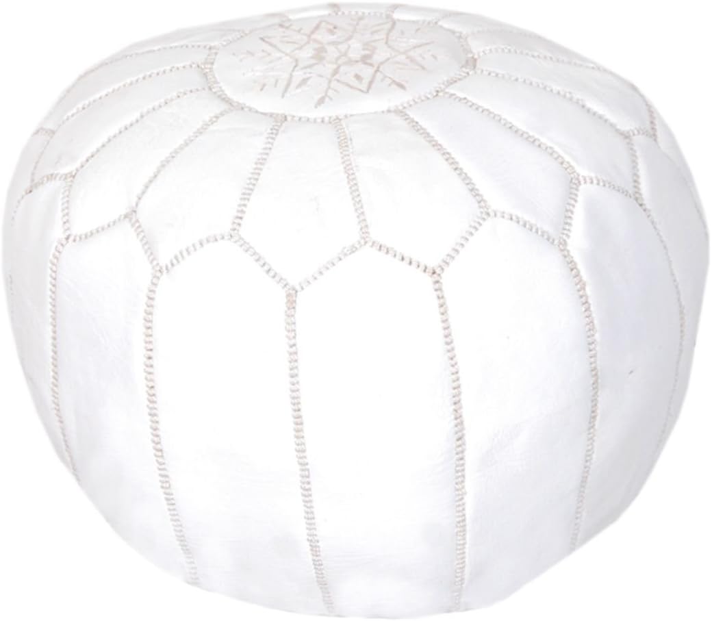 Stuffed Moroccan Leather Pouf Ottoman Footstool (Leather) Genuine Hand-Stitched Seating | Living Room, Bedroom, Sitting Area | White