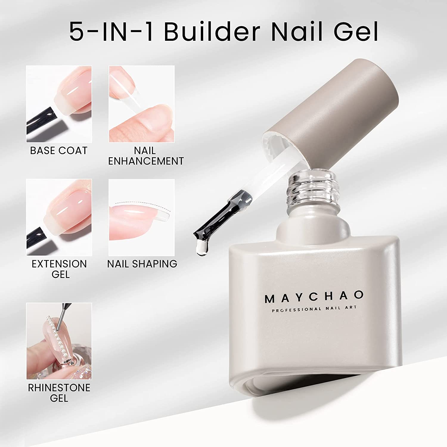 MAYCHAO 15ML 5 in 1 Clear Builder Gel Nail Polish for Extension, Strengthener, Hard Base Gel, Rhinestone for Valtines Home Manicure, 0.5 OZ - Image 2