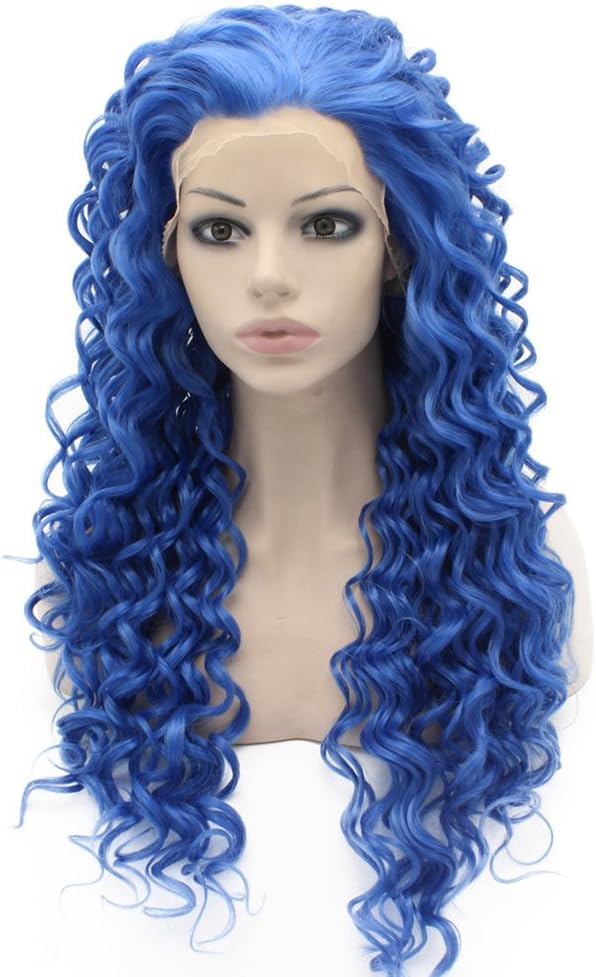 Long Curly Blue Synthetic Lace Front Cosplay Party Wig - Image 4