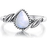 MILKYX Genuine Moonstone Leaf Ring for Women, 925 Sterling Silver Pear-Shaped Moonstone Statement Ring, Adjustable Bohemian Jewelry Gift for Her