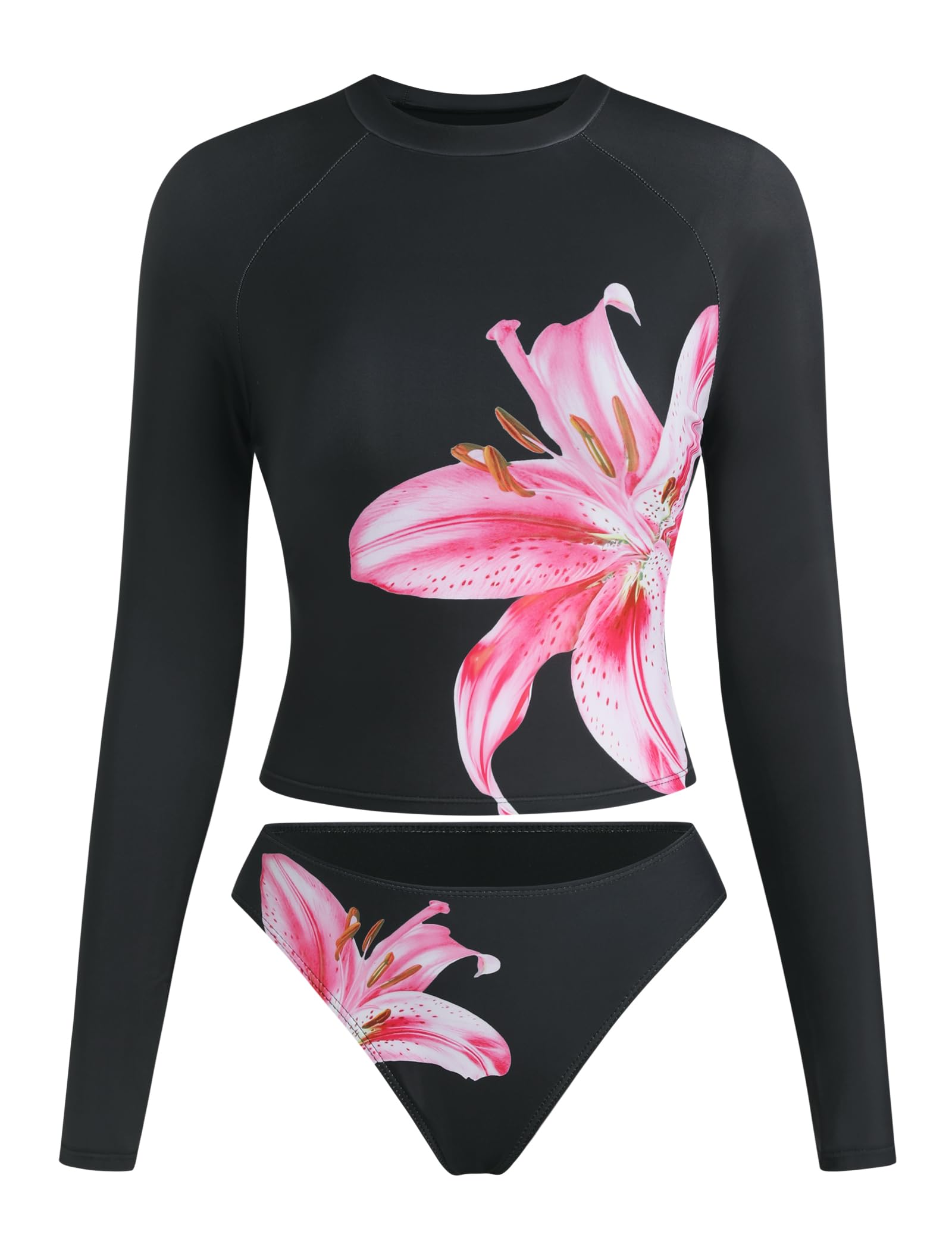 Photo 1 of ZAFUL Womens Rash Guard Swimsuits Long Sleeve Sun Protection Bathing Suit Tropical Swim Shirts with Briefs Black XL