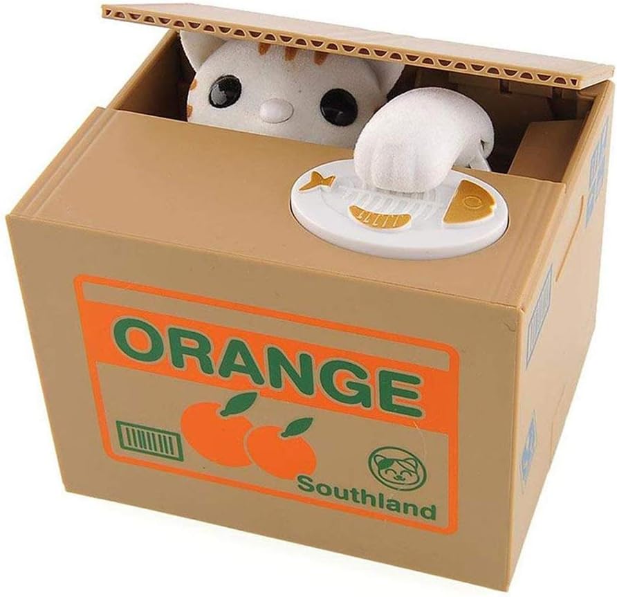 Powerking Stealing Coin Money Box, Cat Piggy Bank Stealing Money Coin and Saving Coins Penny Box Bank Birthday For Kids and Children