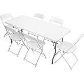 VINGLI 6 FT Plastic Folding Table Set with 6 White Folding Chairs for Picnic, Event, Training, Outdoor Activities, at Home and Commercial Use