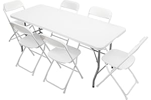 VINGLI 6 FT Plastic Folding Table Set with 6 White Folding Chairs for Picnic, Event, Training, Outdoor Activities, at Home and Commercial Use