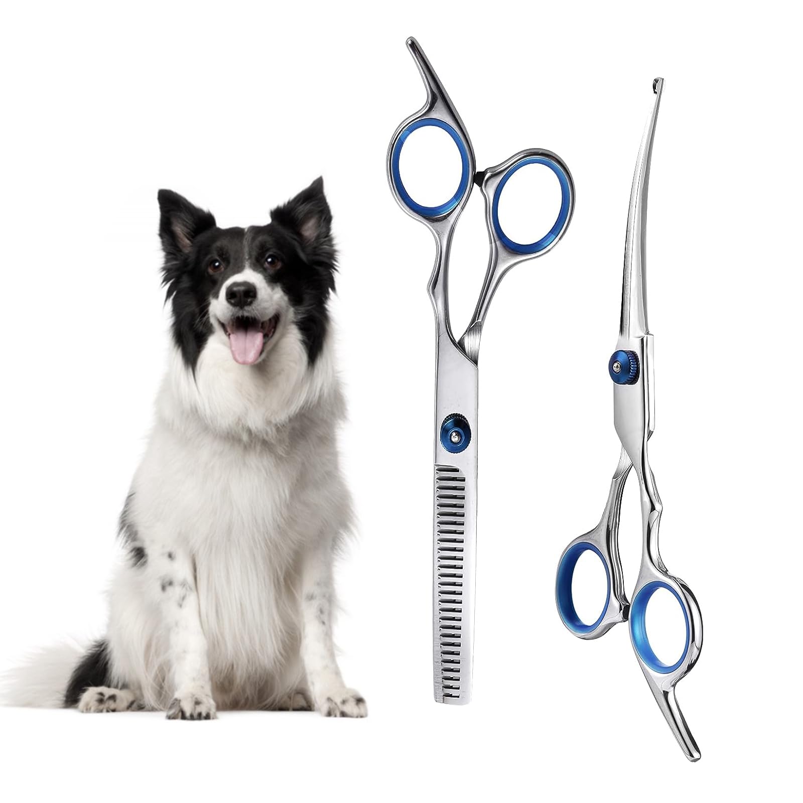 XoeLLe 2 Pieces Dog Grooming Kit, Thinning Scissors Dog Grooming, Curved Dog Grooming Scissors, Dog Groomings Scissorss, Safety Scissor with Round Tip, 7 inch Stainless Steel Dog Scissor for Dogs Cats